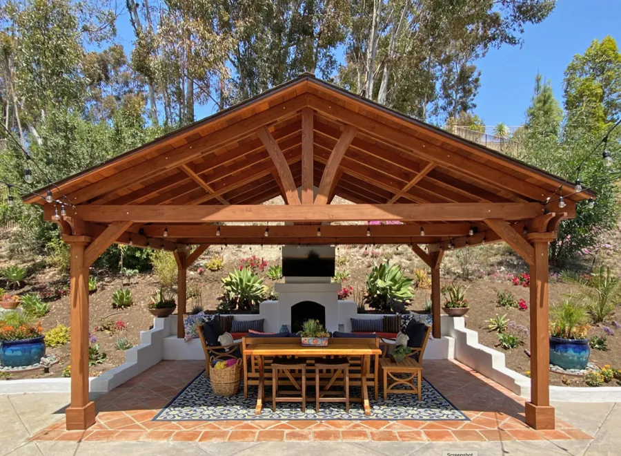 Del Norte Outdoor Kitchen Pavilion (Options: 14' L x 20' W, Douglas-fir, 4-Post Anchor Kit for High-Wind, With 1 Ceiling Fan Base, Electrical Wiring Trim Kit for 2 Posts, Horizontal Post Decorative Trims, Coffee-Stain Premium Sealant).