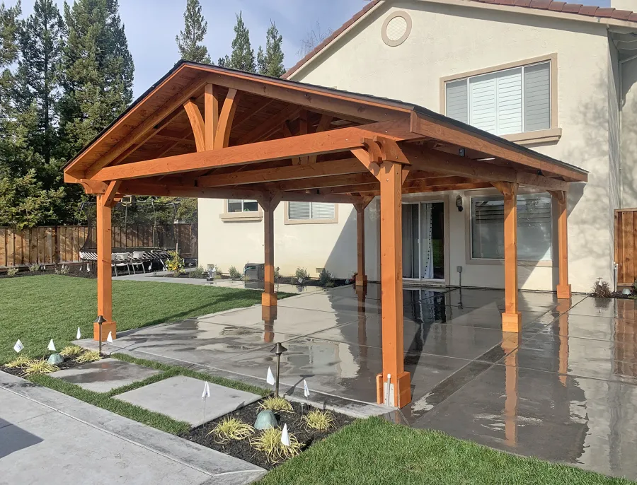Del Norte Outdoor Kitchen Pavilion (Options: 25' L x 18' W, Douglas-fir, 6-Post Anchor Kit for High-Wind, 2 Ceiling Fan Bases, 2 Electrical Wiring Trim Kits, No Post Decorative Trim, 2 Fascia Boards, Transparent Premium Sealant).