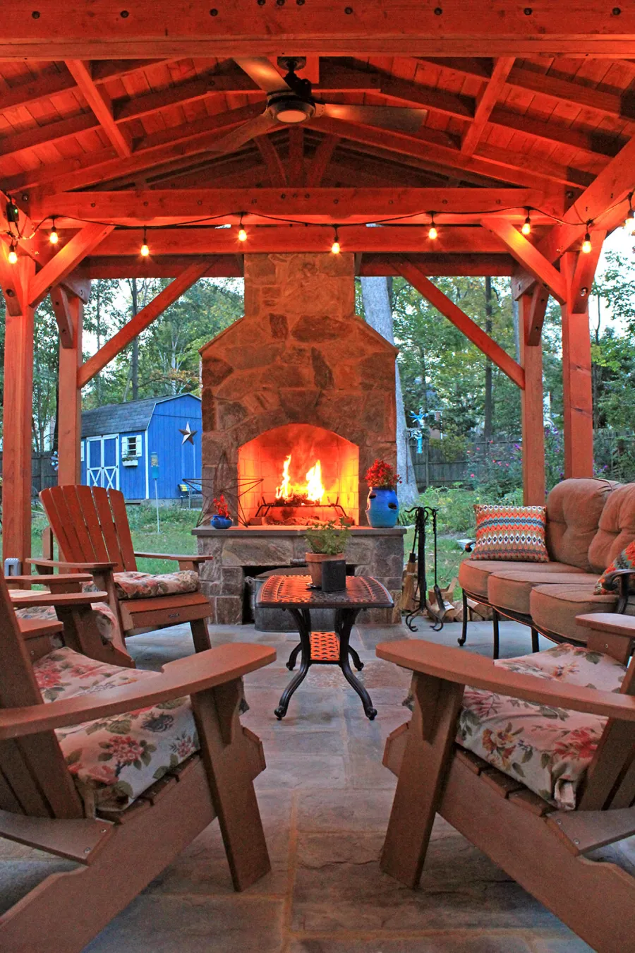 Custom Del Norte Outdoor Kitchen Pavilion (Options: 25' L x 14' W, Douglas-fir, 8-Post Anchor Kit for Concrete, 2 Ceiling Fan Base, 2 Electrical Wiring Trim Kits, No Post Decorative Trims, Transparent Premium Sealant). Photo Courtesy of A. Lotwin of Potomac, Maryland.