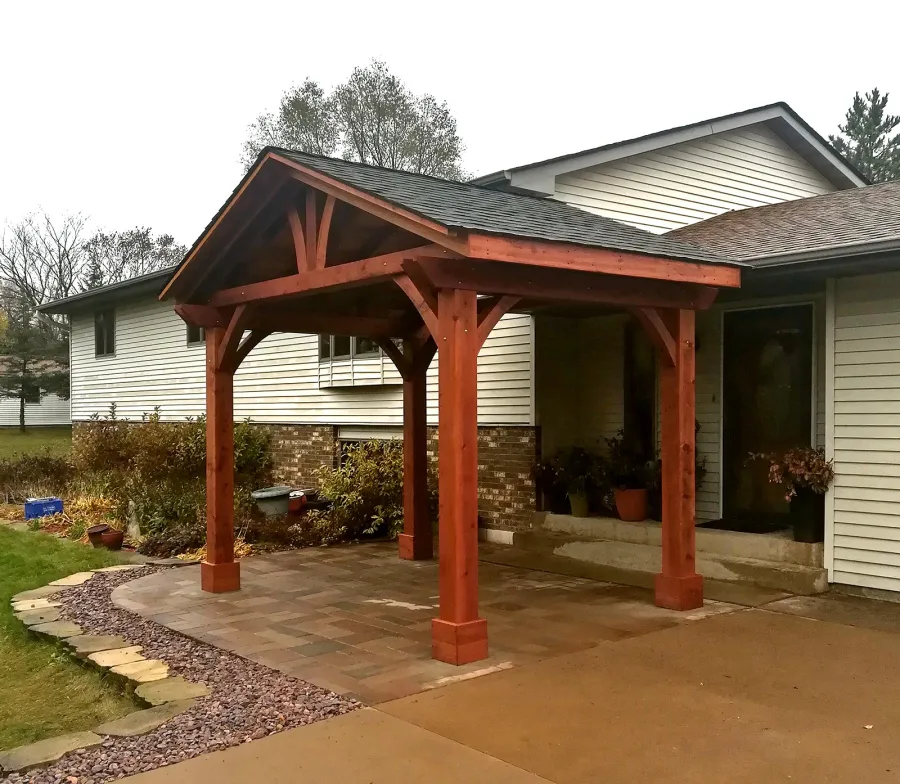 Del Norte Outdoor Kitchen Pavilion (Options: 14' L x 10' W, California Redwood, 4-Post Anchor Kit for High-Wind, 1 Ceiling Fan Base, 1 Electrical Wiring Trim Kit, No Post Decorative Trim, with 8" x 8" Posts by Custom Request, Transparent Premium Sealant).