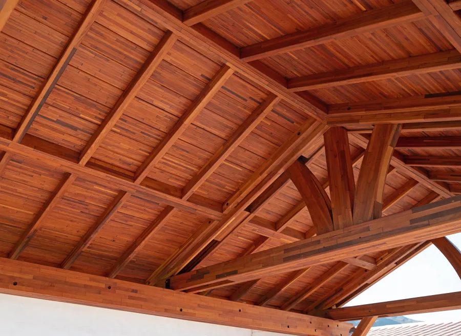 Del Norte Outdoor Kitchen Pavilion (Options: 20' L x 16' W, Mosaic Mature Redwood, No Ceiling Fan Base, No Electrical Wiring Trim Kit, No Post Decorative Trims, Transparent Premium Sealant). 