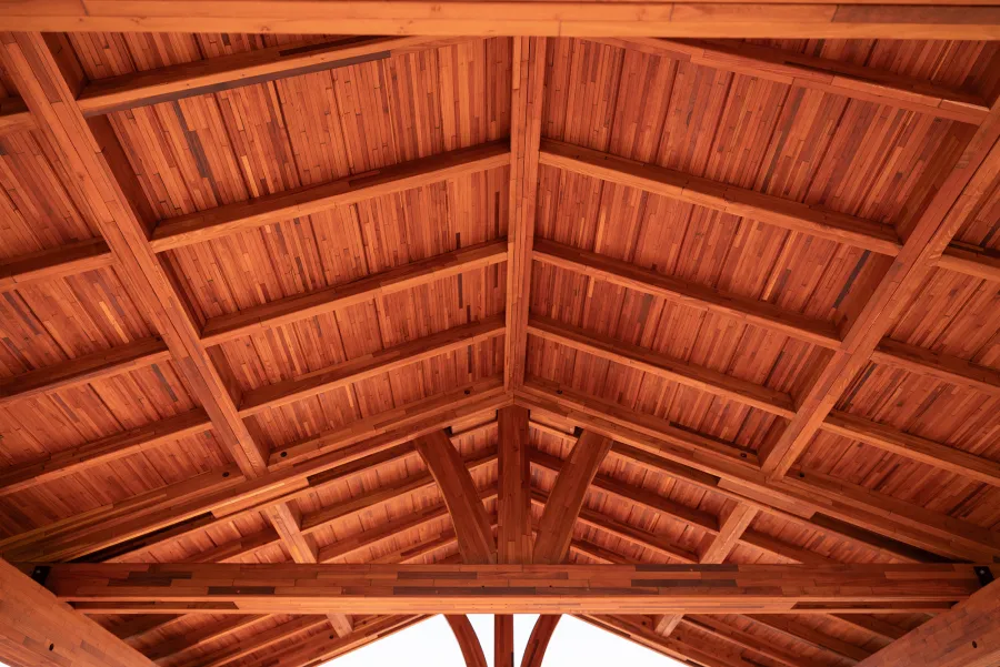 Del Norte Outdoor Kitchen Pavilion (Options: 20' L x 16' W, Mosaic Mature Redwood, No Ceiling Fan Base, No Electrical Wiring Trim Kit, No Post Decorative Trims, Transparent Premium Sealant). 