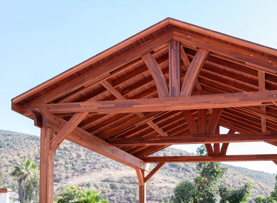 Del Norte Outdoor Kitchen Pavilion (Options: 20' L x 16' W, Mosaic Mature Redwood, No Ceiling Fan Base, No Electrical Wiring Trim Kit, No Post Decorative Trims, Transparent Premium Sealant). 