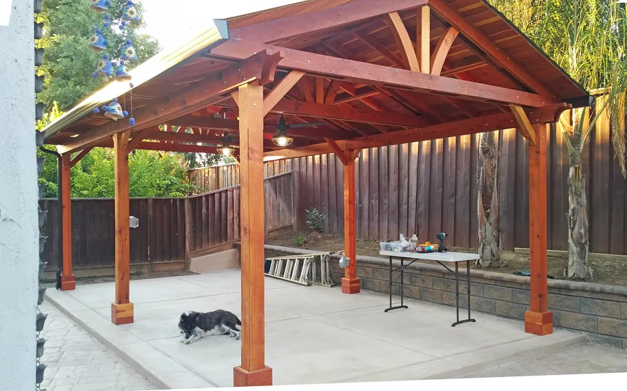 Del Norte Outdoor Kitchen Pavilion (Options: 25' L x 15' W, California Redwood, 6-Post Anchor Kit for Concrete, 2 Ceiling Fan Bases, Transparent Premium Sealant). Photo Courtesy of J. Gil of San Jose, CA. 