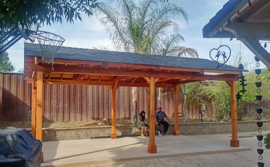 Del Norte Outdoor Kitchen Pavilion (Options: 25' L x 15' W, California Redwood, 6-Post Anchor Kit for Concrete, 2 Ceiling Fan Bases, Transparent Premium Sealant). Photo Courtesy of J. Gil of San Jose, CA. 