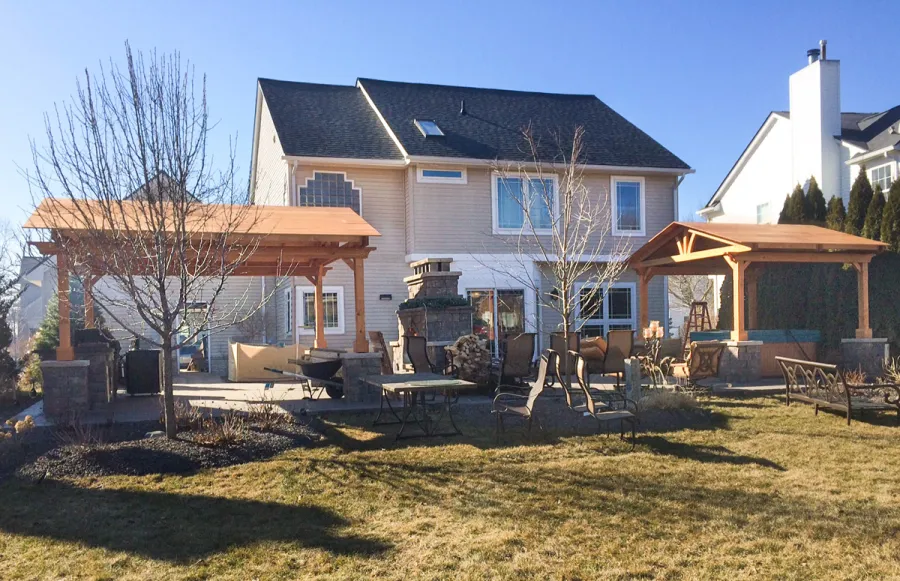 Del Norte Outdoor Kitchen Pavilion (Options: 14' L x 14' W, Douglas-fir, Posts Sitting Atop 33" H Load Bearing Columns, Posts Anchor Kit for Concrete, Transparent Premium Sealant). Photo Courtesy of Michael L. of S. Lyon, Michigan.