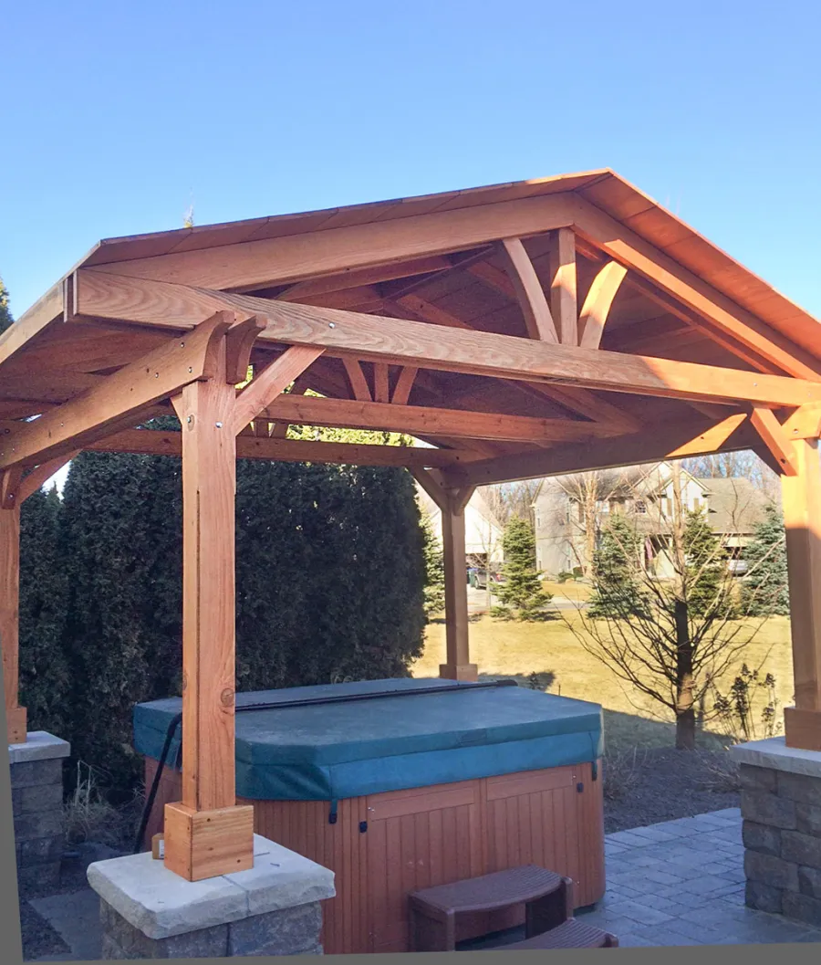 Del Norte Outdoor Kitchen Pavilion (Options: 14' L x 14' W, Douglas-fir, Posts Sitting Atop 33" H Load Bearing Columns, 4-Post Anchor Kit for Concrete, Transparent Premium Sealant). Photo Courtesy of Michael L. of S. Lyon, Michigan.