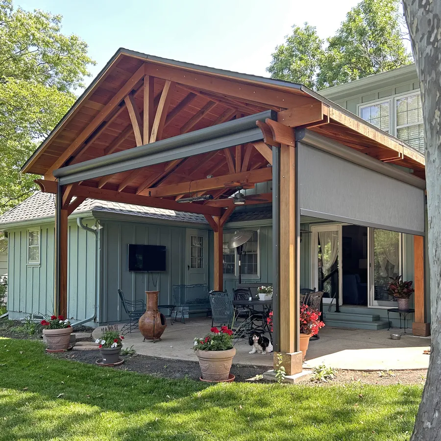 Del Norte Outdoor Kitchen Pavilion (Options: 18' L x 16' W, California Redwood, Transparent Premium Sealant). If you are interested in the custom retractable side shade canopies shown, they can be added to your order upon request.