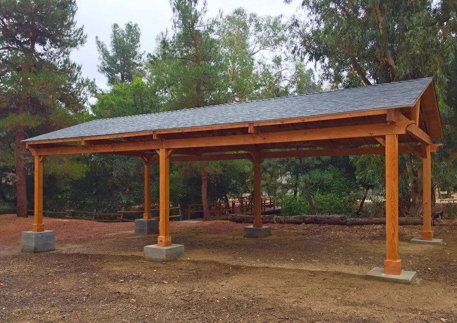 Del Norte Outdoor Kitchen Pavilion (Options: 40' L x 20' W, Douglas-fir, 6-Post Anchor Kit for High-Wind, With 2 Ceiling Fan Base, Electrical Wiring Trim Kit for 1 Post, Transparent Premium Sealant). Installed in Jewish Big Brothers and Sisters Campground in Glendale, CA.