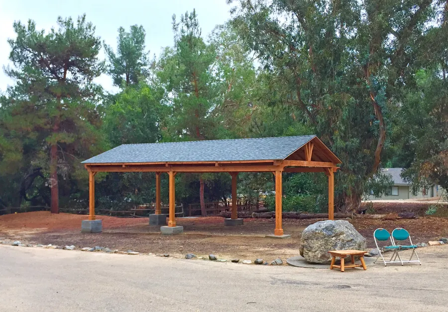 Del Norte Outdoor Kitchen Pavilion (Options: 40' L x 20' W, Douglas-fir, 6-Post Anchor Kit for High-Wind, With 2 Ceiling Fan Base, Electrical Wiring Trim Kit for 1 Post, Transparent Premium Sealant). Installed in Jewish Big Brothers and Sisters Campground in Glendale, CA.