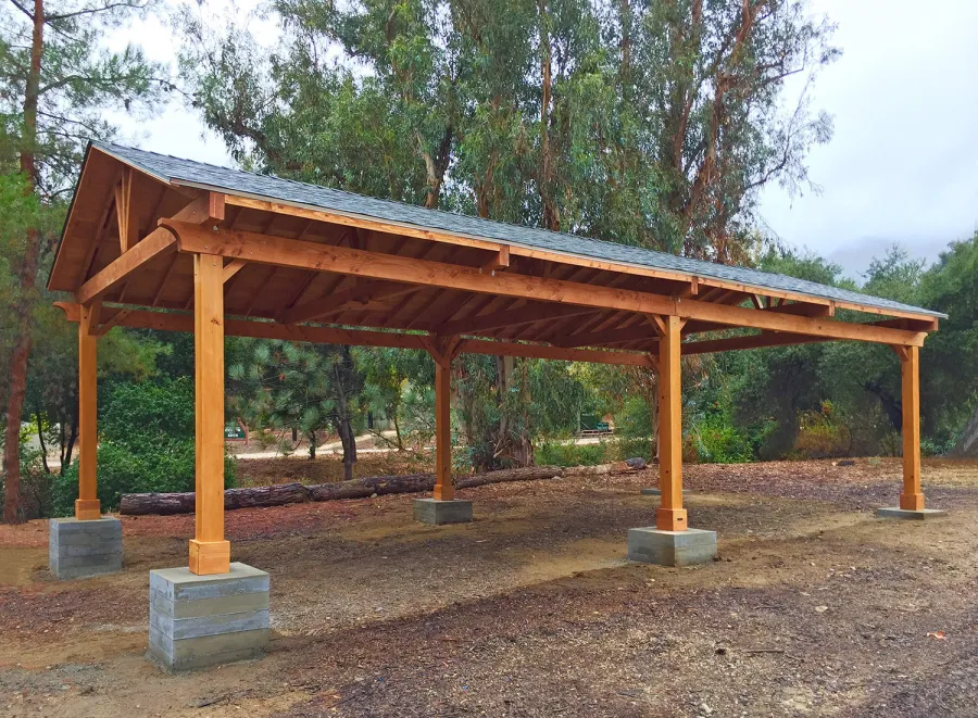 Del Norte Outdoor Kitchen Pavilion (Options: 40' L x 20' W, Douglas-fir, 6-Post Anchor Kit for High-Wind, With 2 Ceiling Fan Base, Electrical Wiring Trim Kit for 1 Post, Transparent Premium Sealant). Installed in Jewish Big Brothers and Sisters Campground in Glendale, CA.