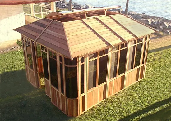 DIY Wood Gazebo (14' L, 12' W, California Redwood, Sliding Windows, 4' x 6' Skylight, 24" H Siding Below Windows, Vertical Siding, Japanese Doors, No Flooring, Transparent Premium Sealant). Custom detail: Roof overhang was minimized per customer request.