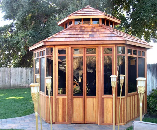 Don's Hexagonal Gazebo Kit (Options: 12' Diameter, California Redwood, 24" Siding Below Windows, Japanese Doors, No Flooring, Shingle Roof, Transparent Premium Sealant).
