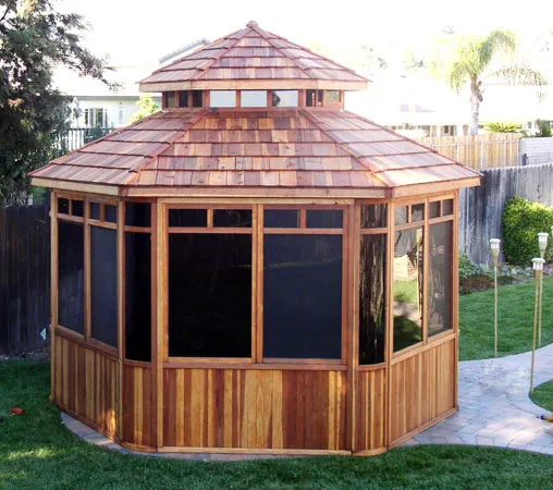 Don's Hexagonal Gazebo Kit (Options: 12' Diameter, California Redwood, 24" Siding Below Windows, Japanese Doors, No Flooring, Shingle Roof, Transparent Premium Sealant).