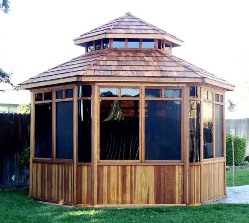 Don's Hexagonal Gazebo Kit (Options: 12' Diameter, California Redwood, 24" Siding Below Windows, Japanese Doors, No Flooring, Shingle Roof, Transparent Premium Sealant).