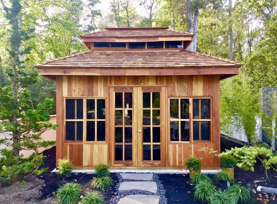 Dream Gazebos (Options: 7ft Wall Height, 14' L, 12' W, California Redwood, All Fixed Windows, All Without Skylight, Vertical Siding, French Doors without Screens, Complete Floor, Set of Shingles, Transparent Premium Sealant). Photo Courtesy of M. Trunk of Monroeville, New Jersey.