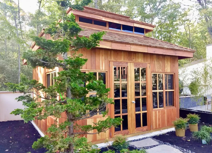 Dream Gazebos (Options: 7ft Wall Height, 14' L, 12' W, California Redwood, All Fixed Windows, All Without Skylight, Vertical Siding, French Doors without Screens, Complete Floor, Set of Shingles, Transparent Premium Sealant). Photo Courtesy of M. Trunk of Monroeville, New Jersey.