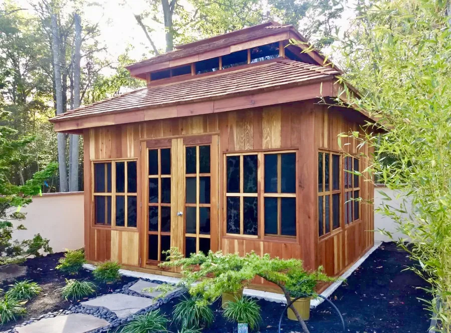 Dream Gazebos (Options: 7ft Wall Height, 14' L, 12' W, California Redwood, All Fixed Windows, All Without Skylight, Vertical Siding, French Doors without Screens, Complete Floor, Set of Shingles, Transparent Premium Sealant). Photo Courtesy of M. Trunk of Monroeville, New Jersey.