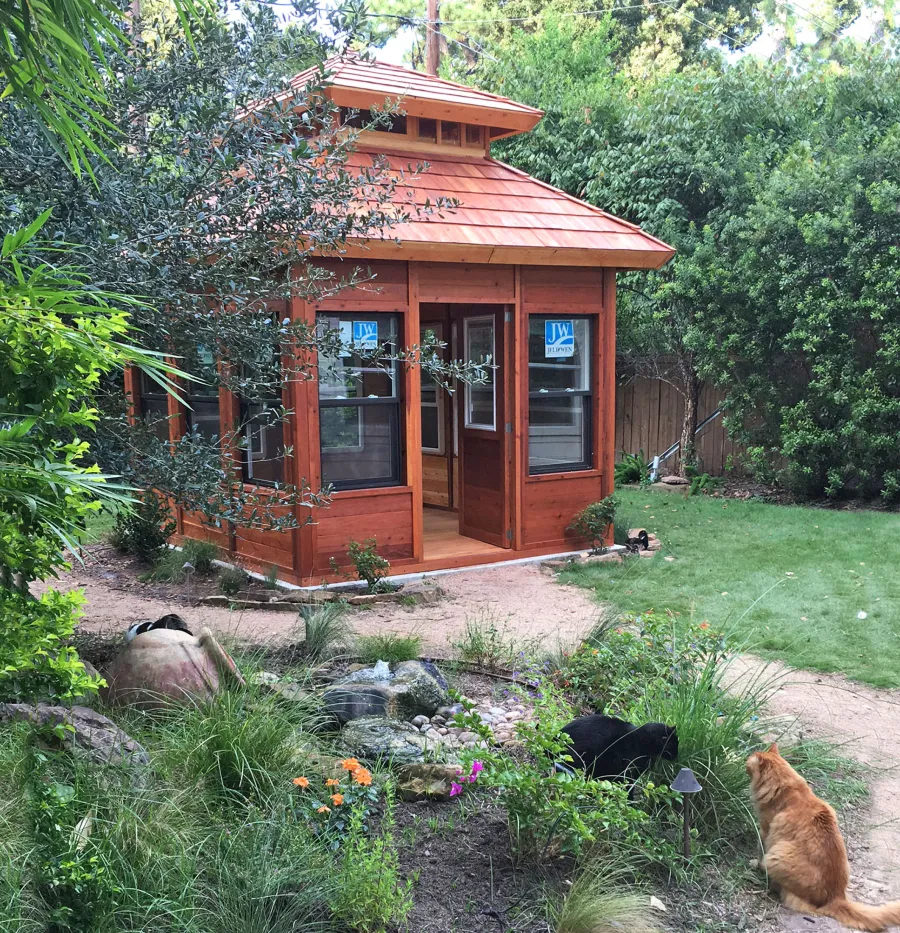 Dream Gazebos (Options: 7ft Wall Height, 10' L, 12' W, Mature Redwood, Double Paned  Glass Windows by Custom Request, Horizontal Siding with Interior Insulation, Custom Doors, Complete Floor, Set of Shingles, Transparent Premium Sealant). Photo Courtesy of D. Belisle of Houston, TX.