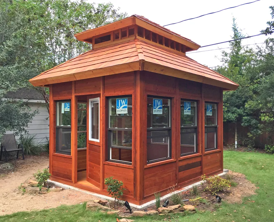 Dream Gazebos (Options: 7ft Wall Height, 10' L, 12' W, Mature Redwood, Double Paned  Glass Windows by Custom Request, Horizontal Siding with Interior Insulation, Custom Doors, Complete Floor, Set of Shingles, Transparent Premium Sealant). Photo Courtesy of D. Belisle of Houston, TX.
