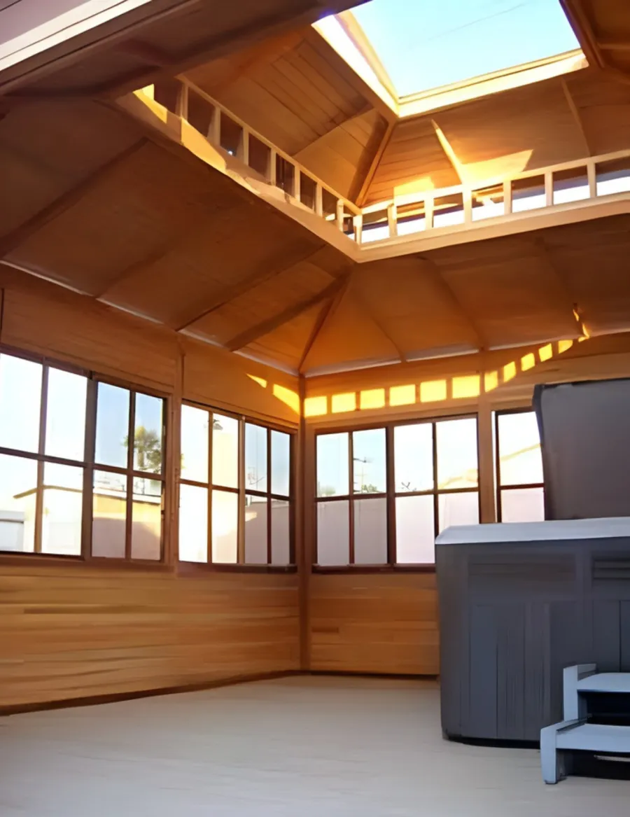 Dream Gazebos (Options: 7ft Wall Height, 16' L x 16' W, Douglas-fir, All Fixed Windows, 4' x 6' Skylight, 24" H Siding Below Windows, Horizontal Siding, Standard Roof, Transparent Premium Sealant). Flooring was shipped unfinished so customer can add his desired floor sealant. Hot tub and steps not included.