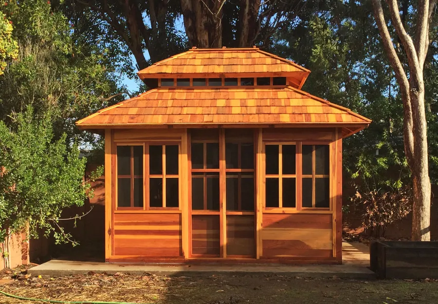 Dream Gazebos (Options: 7ft Wall Height, 12' L, 10' W, California Redwood, All Sliding Windows with Screens, 4' x 4' Skylight, 30" H Siding Below Windows, Horizontal Siding, Japanese Doors, Complete Floor, Set of Shingles, Transparent Premium Sealant). Photo Courtesy of Tina Phi of Palo Alto, CA.