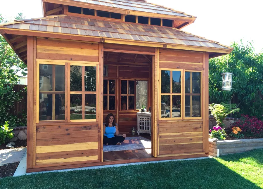 Dream Gazebos (Options: 7ft Wall Height, 10' L, 12' W, California Redwood, All Sliding Windows with Screens, 4' x 4' Skylight, 30" H Siding Below Windows, Horizontal Siding, Japanese Doors, Complete Floor, Set of Shingles, Transparent Premium Sealant). Photo Courtesy of Yvonne Bannister of Morgan Hill, CA