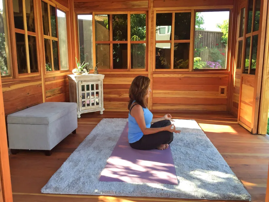 Dream Gazebos (Options: 7ft Wall Height, 10' L, 12' W, California Redwood, All Sliding Windows with Screens, 4' x 4' Skylight, 30" H Siding Below Windows, Horizontal Siding, Japanese Doors, Complete Floor, Set of Shingles, Transparent Premium Sealant). Photo Courtesy of Yvonne Bannister of Morgan Hill, CA.