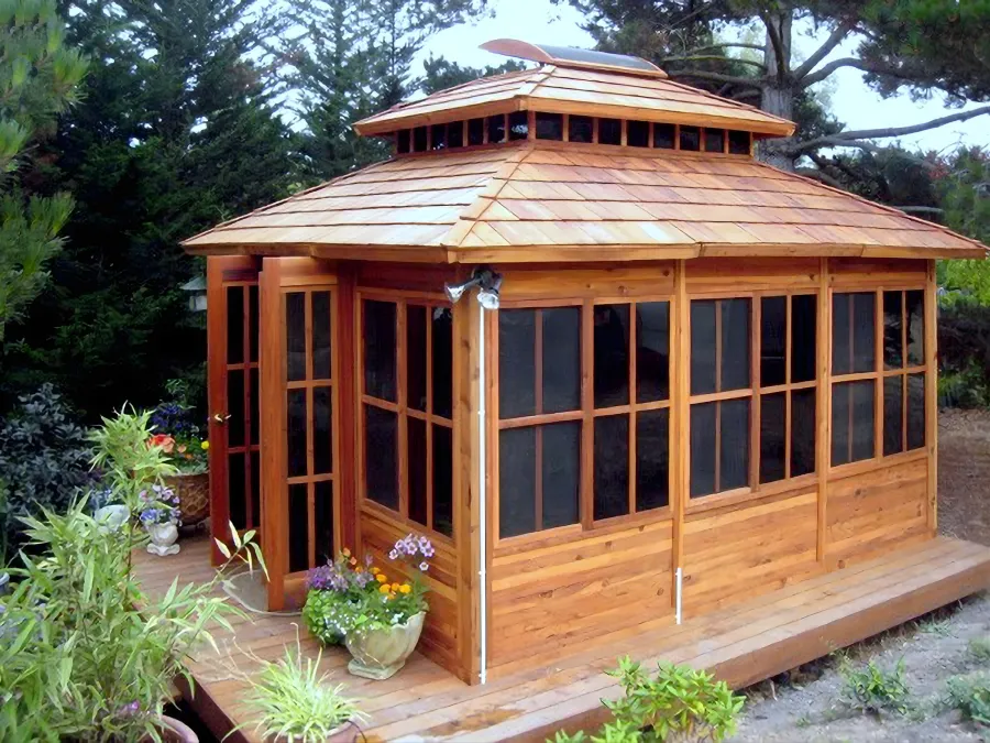 Dream Gazebos (Options: 7ft Wall Height, 14' L, 12' W, Mature Redwood, All Sliding Windows with Screens, 4' x 6' Skylight, 24" H Siding Below Windows, Horizontal Siding, French Doors, Complete Floor, Set of Shingles, Transparent Premium Sealant).