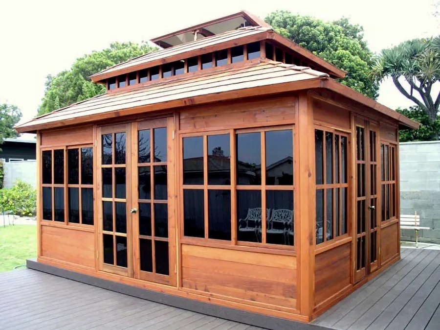 Dream Gazebos (Options: 7ft Wall Height, 16' L, 12' W, Mature Redwood, All Sliding Windows with Screens, 4' x 6' Skylight, 24" H Siding Below Windows, Horizontal Siding, French Doors, Complete Floor, Set of Shingles, Transparent Premium Sealant).