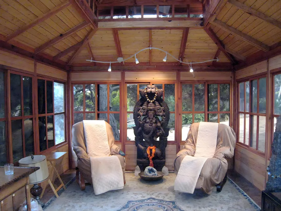Dream Gazebos as Meditation Hall (Options: 7ft Wall Height, 16' L, 12' W, Mature Redwood, All Sliding Windows with Screens, 4' x 6' Skylight, 24" H Siding Below Windows, Horizontal Siding, French Doors, Complete Floor, Set of Shingles, Transparent Premium Sealant). Wiring/lights and furnishings not included.