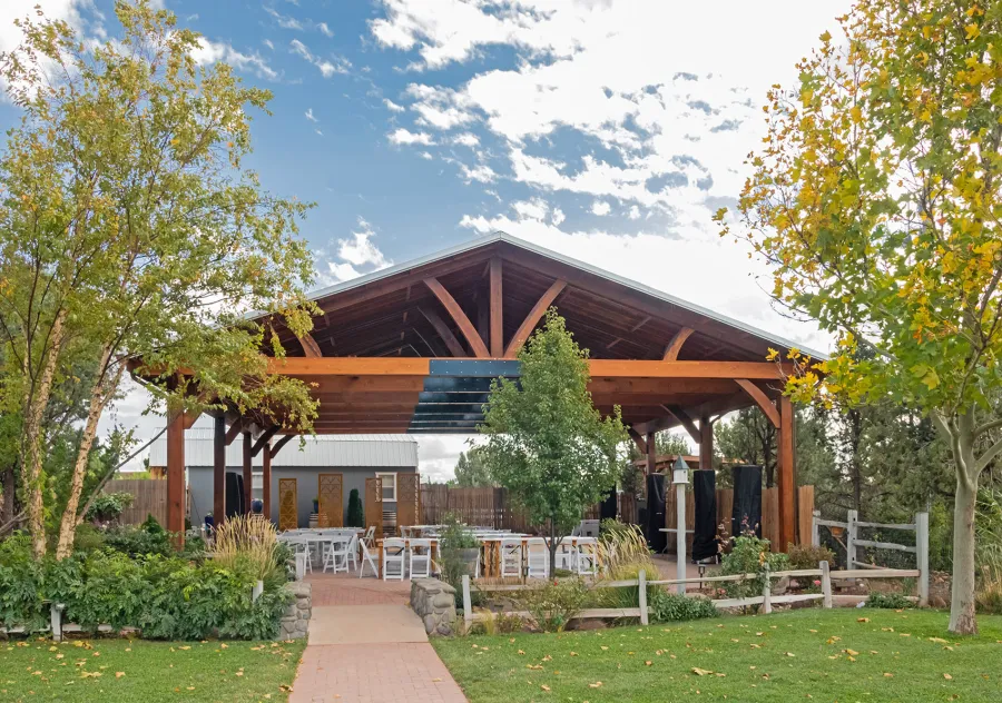 El Paso Wedding Pavilion (Options: 50' L x 45' 6" W, California Redwood, 12' H Posts, 8-Post Anchor Kit for High-Wind, Transparent Premium Sealant). Photo Shows Pavilion Before Custom Panels Installation. Photo Courtesy of T. Bruge of The Skyranch Lodge of Sedona, AZ.