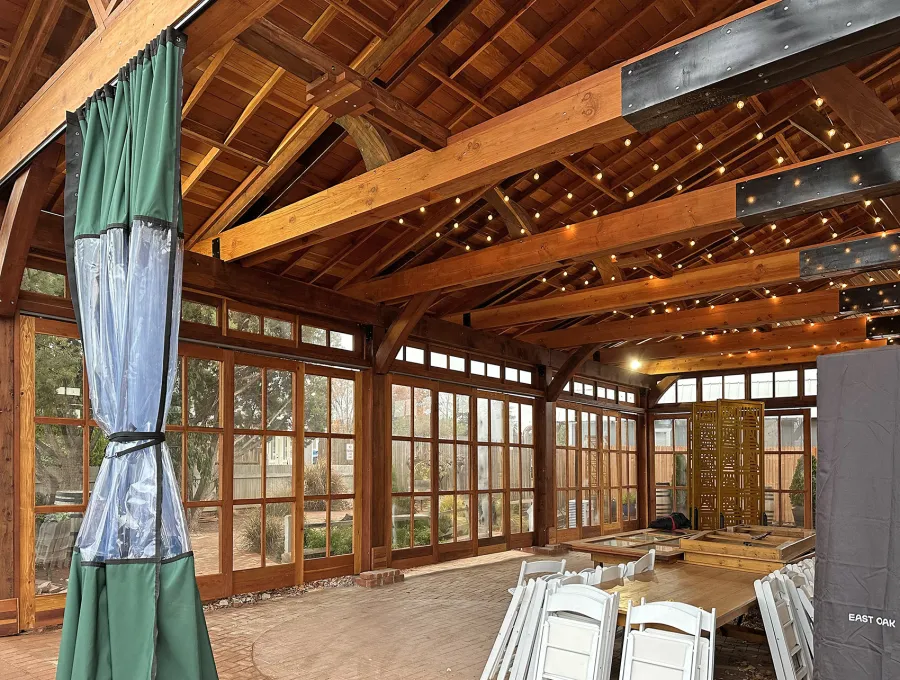 Custom El Paso Wedding Pavilion (Options: 50' L x 45' 6" W, California Redwood, 12' H Posts, 8-Post Anchor Kit for High-Wind, Transparent Premium Sealant). Custom sliding french doors and windows to enclose the structure were added by Forever Redwood during the design process. Photos Courtesy of T. Bruge of The Skyranch Lodge of Sedona, AZ.