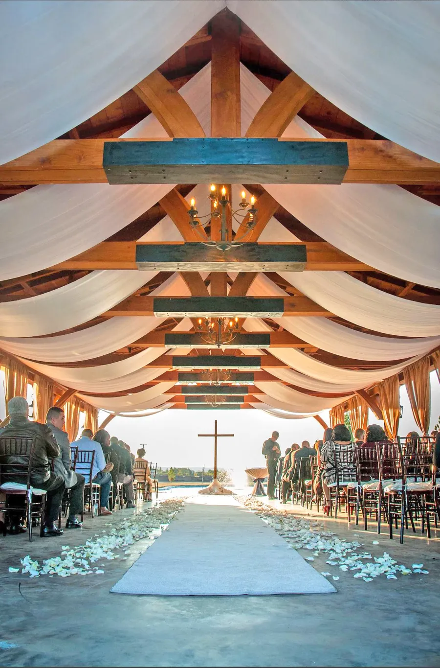 El Paso Wedding Pavilion (Options: 60' L x 30' W, Mature Redwood, 8-Post Anchor Kit for High-Wind, Transparent Premium Sealant). Photo Courtesy of Mr. & Ms. Rodriguez of El Paso Grace Gardens, 6701 Westside Dr. El Paso, Texas, 79932. We can build your Pavilion any size you need.