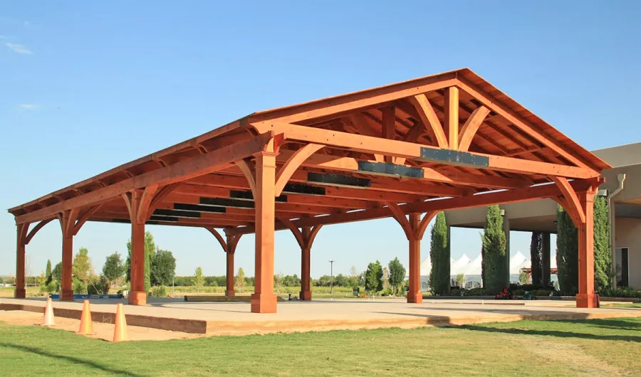El Paso Wedding Pavilion (Options: 60' L x 30' W, Mature Redwood, 8-Post Anchor Kit for High-Wind, Transparent Premium Sealant). Photo Courtesy of Mr. & Ms. Rodriguez of El Paso Grace Gardens, 6701 Westside Dr. El Paso, Texas, 79932. We can build your Pavilion any size you need.