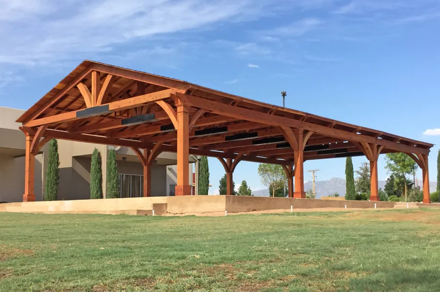 El Paso Wedding Pavilion (Options: 60' L x 30' W, Mature Redwood, 8-Post Anchor Kit for High-Wind, Transparent Premium Sealant). Photo Courtesy of Mr. & Ms. Rodriguez of El Paso Grace Gardens, 6701 Westside Dr. El Paso, Texas, 79932. We can build your Pavilion any size you need.