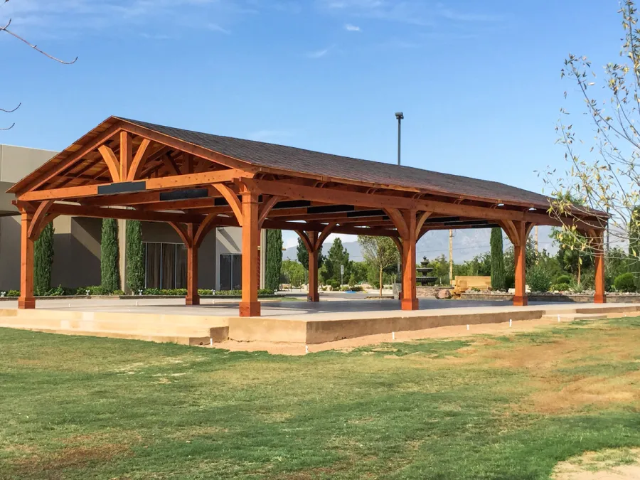 El Paso Wedding Pavilion (Options: 60' L x 30' W, Mature Redwood, 8-Post Anchor Kit for High-Wind, Transparent Premium Sealant). Photo Courtesy of Mr. & Ms. Rodriguez of El Paso Grace Gardens, 6701 Westside Dr. El Paso, Texas, 79932. We can build your Pavilion any size you need.