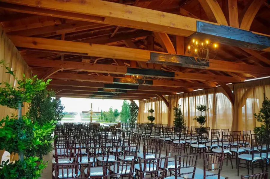 El Paso Wedding Pavilion (Options: 60' L x 30' W, Mature Redwood, 8-Post Anchor Kit for High-Wind, Transparent Premium Sealant). Photo Courtesy of Mr. & Ms. Rodriguez of El Paso Grace Gardens, 6701 Westside Dr. El Paso, Texas, 79932. We can build your Pavilion any size you need.
