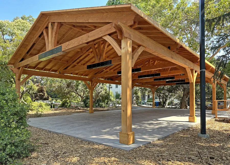 El Paso Wedding Pavilion (Options: 52'-7" x 26'-7", Douglas-Fir, 8-Post Anchor Kit for High-Wind, 8x8 Posts, 10' H Posts, Electrical Wiring Trim Kit for 4 Posts, with Ceiling Fan Base, with Fascia Boards, Transparent Premium Sealant). Photo Courtesy of J. Cooper of Oakland, CA.