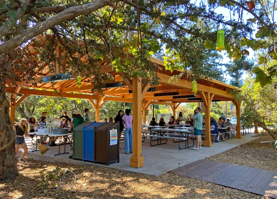 El Paso Wedding Pavilion (Options: 52'-7" x 26'-7", Douglas-Fir, 8-Post Anchor Kit for High-Wind, 8x8 Posts, 10' H Posts, Electrical Wiring Trim Kit for 4 Posts, with Ceiling Fan Base, with Fascia Boards, Transparent Premium Sealant). Photo Courtesy of Jennifer Cooper, Oakland Day School.