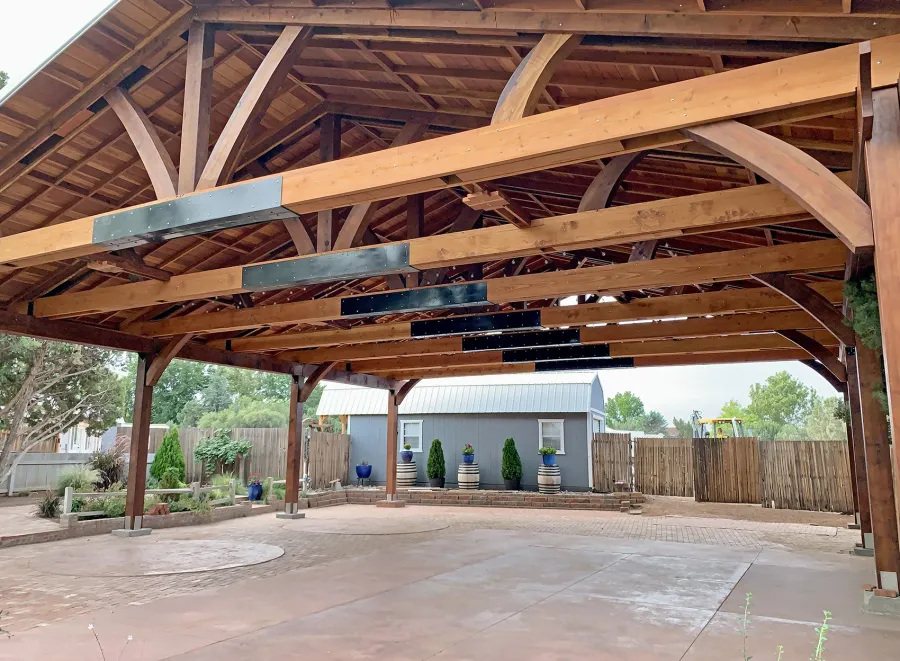 El Paso Wedding Pavilion (Options: 50' L x 45' 6" W, California Redwood, 12' H Posts, 8-Post Anchor Kit for High-Wind, Transparent Premium Sealant). Photo Shows Pavilion Before Custom Panels Installation. Photo Courtesy of T. Bruge of The Skyranch Lodge of Sedona, AZ.