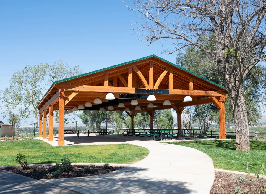 El Paso Wedding Pavilion (Options: 60' L x 40' W, Douglas-fir, Post Anchor Kit for High-Wind, Transparent Premium Sealant). Photo Courtesy of Hidden Valley Nature Center, 11401 Arlington Avenue, Riverside, CA 92505.