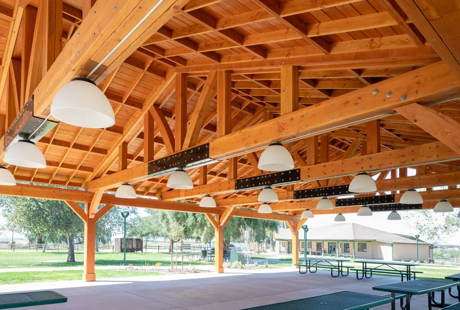 El Paso Wedding Pavilion (Options: 60' L x 40' W, Douglas-fir, Post Anchor Kit for High-Wind, Transparent Premium Sealant). Photo Courtesy of Hidden Valley Nature Center, 11401 Arlington Avenue, Riverside, CA 92505.