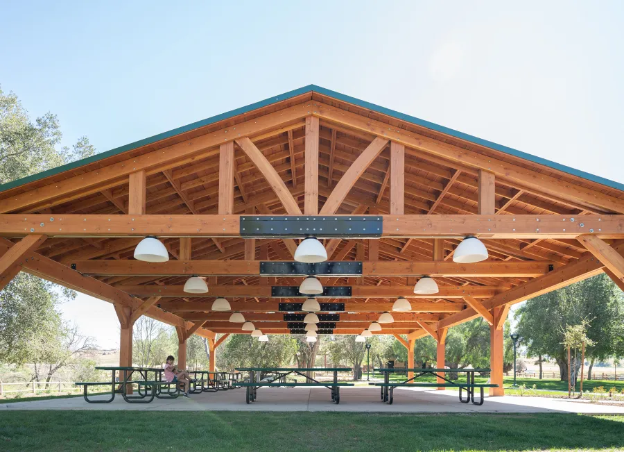 El Paso Wedding Pavilion (Options: 60' L x 40' W, Douglas-fir, Post Anchor Kit for High-Wind, Transparent Premium Sealant). Photo Courtesy of Hidden Valley Nature Center, 11401 Arlington Avenue, Riverside, CA 92505.