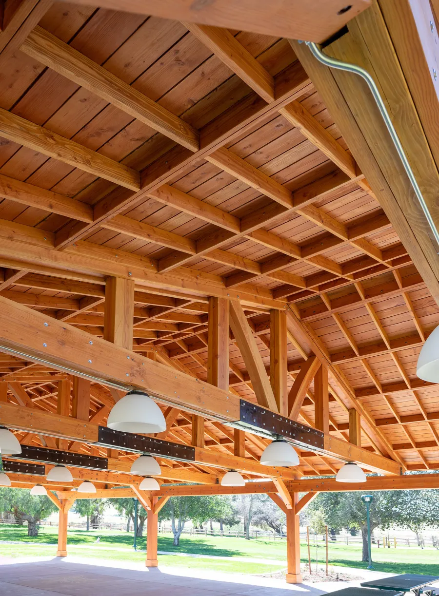 El Paso Wedding Pavilion (Options: 60' L x 40' W, Douglas-fir, Post Anchor Kit for High-Wind, Transparent Premium Sealant). Photo Courtesy of Hidden Valley Nature Center, 11401 Arlington Avenue, Riverside, CA 92505.