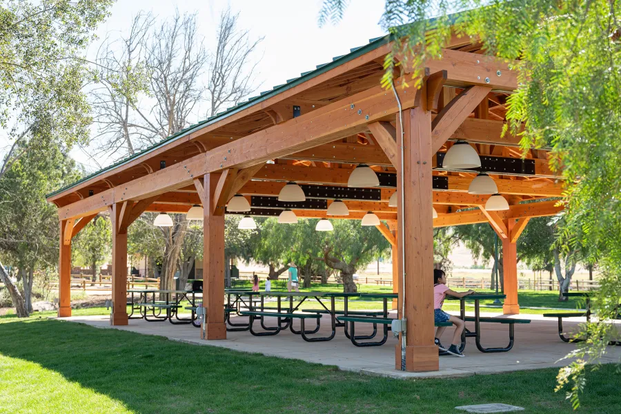 El Paso Wedding Pavilion (Options: 60' L x 40' W, Douglas-fir, Post Anchor Kit for High-Wind, Transparent Premium Sealant). Photo Courtesy of Hidden Valley Nature Center, 11401 Arlington Avenue, Riverside, CA 92505.