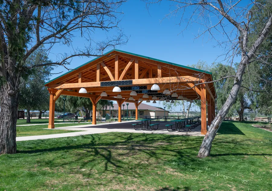El Paso Wedding Pavilion (Options: 60' L x 40' W, Douglas-fir, Post Anchor Kit for High-Wind, Transparent Premium Sealant). Photo Courtesy of Hidden Valley Nature Center, 11401 Arlington Avenue, Riverside, CA 92505.