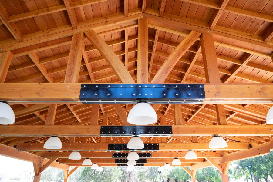 El Paso Wedding Pavilion (Options: 60' L x 40' W, Douglas-fir, Post Anchor Kit for High-Wind, Transparent Premium Sealant). Photo Courtesy of Hidden Valley Nature Center, 11401 Arlington Avenue, Riverside, CA 92505.