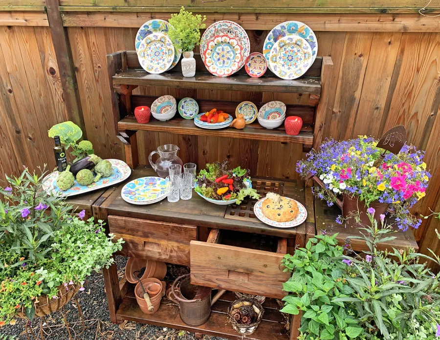 Eli's Redwood Potting Bench (Options: Large Size, California Redwood, No Casters, 2 Shelves, Both Sides Fold Down, Copper Inset for Right Drawer, No Engraving, Removable Slatted Lid Over Right Drawer, Transparent Premium Sealant). Photo Courtesy of M. Cooke of Westchester, IL.