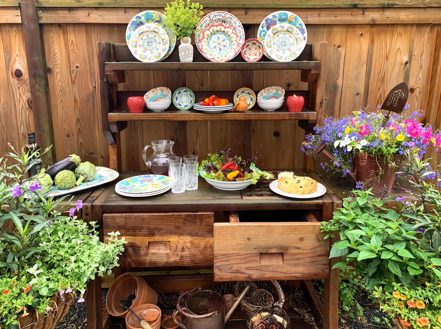 Eli's Redwood Potting Bench (Options: Large Size, California Redwood, No Casters, 2 Shelves, Both Sides Fold Down, Copper Inset for Right Drawer, No Engraving, Removable Slatted Lid Over Right Drawer, Transparent Premium Sealant). Photo Courtesy of M. Cooke of Westchester, IL.
